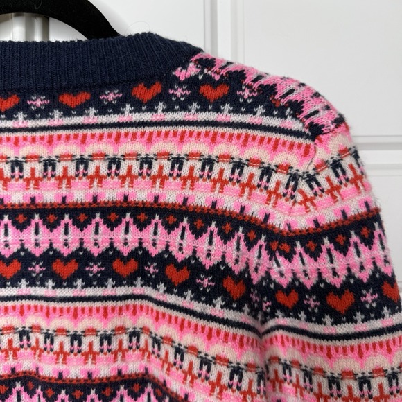 J. Crew Shrunken Fair Isle Heart Crewneck Sweater Size Small Navy Pink BV391 - Picture 3 of 6